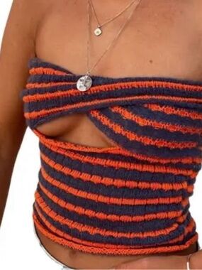 Amazon Navy and Orange Striped Tube Knit Top